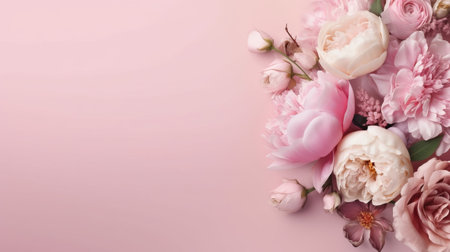 Peonies, roses on pink foundation with duplicate space. Curiously characteristic make chart organize with substance space. Creative resource, AI Generatedの素材