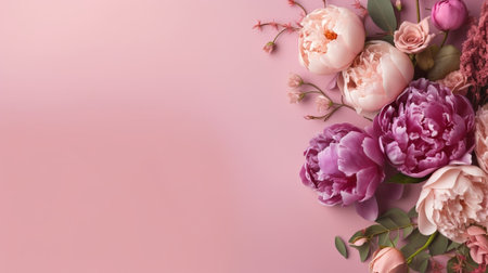 Peonies, roses on pink establishment with copy space. Inquisitively characteristic make chart organize with substance space. Creative resource, AI Generatedの素材