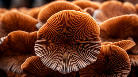 Closeup of portabella mushroom gills. Creative resource, AI Generatedの素材