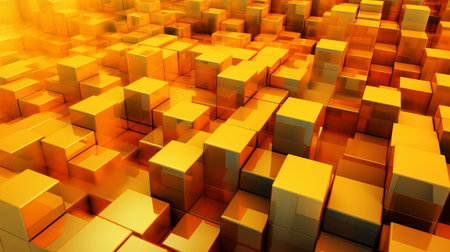 Orange and Yellow, Bursting 3d shapes Completely Organized to create a Cutting edge Tech See. Creative resource, AI Generatedの素材