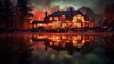 private sparkles over lake. Creative resource, AI Generatedの素材