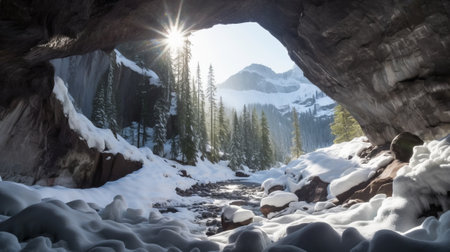 See of softening snow in a cave. Creative resource, AI Generatedの素材