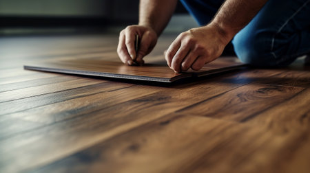 Competent builder man laying cover flooring at family. Creative resource, AI Generatedの素材