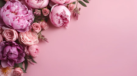 Peonies, roses on pink foundation with duplicate space. Curiously characteristic make chart organize with substance space. Creative resource, AI Generatedの素材