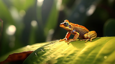 Closeup of a yellow frog on a heliconia plant, Indonesia. Creative resource, AI Generatedの素材
