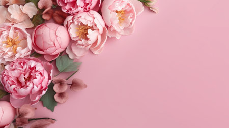 Peonies, roses on pink establishment with copy space. Inquisitively characteristic make chart organize with substance space. Creative resource, AI Generatedの素材