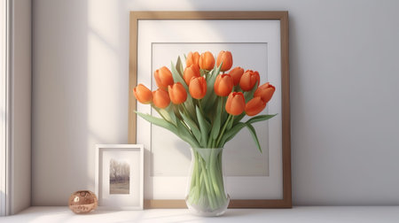 A bouquet of orange tulips in a vase. Chart with agrade spot cheerful Mother's Day. Creative resource, AI Generatedの素材