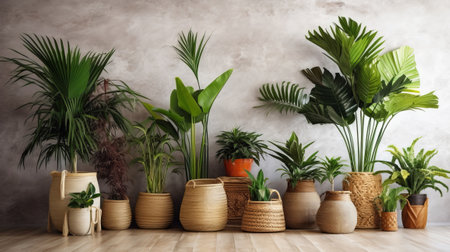 Unmistakable tropical plants in wicker pots close white divider at family. Creative resource, AI Generatedの素材