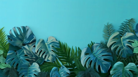 Collection of tropical leaves,foliage plant in blue color with space foundation. Creative resource, AI Generatedの素材