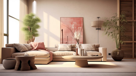 Zen insides parts parts parts with pruned bamboo plant, common inner parts parts parts organize concept, colored progressed living room, pastel colors, respect organize. AI Generatedの素材