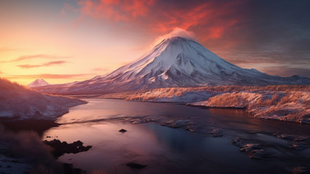 Disorienting sunset, mountain and lake. Creative resource, AI Generatedの素材