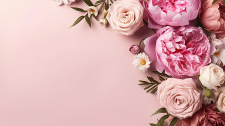 Peonies, roses on pink foundation with duplicate space. Curiously characteristic make chart organize with substance space. Creative resource, AI Generatedの素材