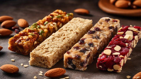 Unmistakable granola bars on table establishment. Cereal granola bars. Superfood breakfast bars with oats, nuts and berries, close. Creative resource, AI Generatedの素材