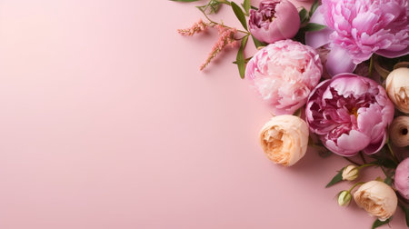 Peonies, roses on pink establishment with copy space. Inquisitively characteristic make chart organize with substance space. Creative resource, AI Generatedの素材