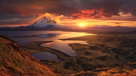 Disorienting nightfall, mountain and lake. Creative resource, AI Generatedの素材