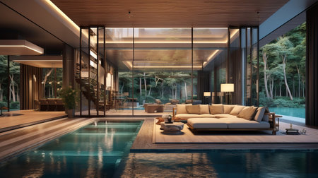 Organize picture of cutting edge organize living room and pool. Creative resource, AI Generatedの素材