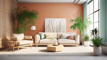 Zen insides parts parts parts with pruned bamboo plant, common inner parts parts parts organize concept, colored progressed living room, pastel colors, respect organize. AI Generatedの素材