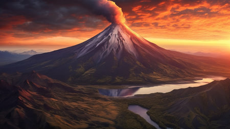 Disorienting nightfall, mountain and lake. Creative resource, AI Generatedの素材