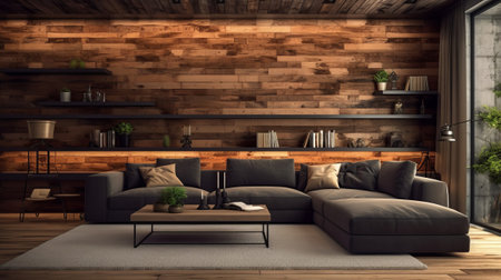 The hang living room inner parts organize and wooden divider establishment. Creative resource, AI Generatedの素材