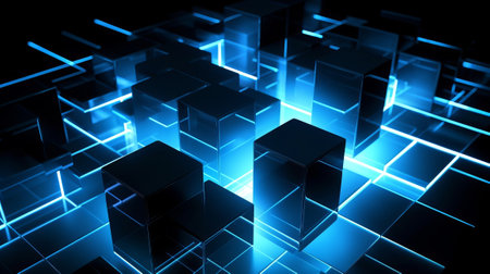 Picture of white squares and blue light on dim establishment. Creative resource, AI Generatedの素材