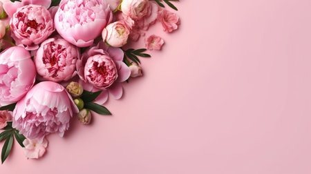 Peonies, roses on pink foundation with duplicate space. Curiously characteristic make chart organize with substance space. Creative resource, AI Generatedの素材