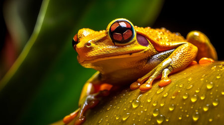 Closeup of a yellow frog on a heliconia plant, Indonesia. Creative resource, AI Generatedの素材