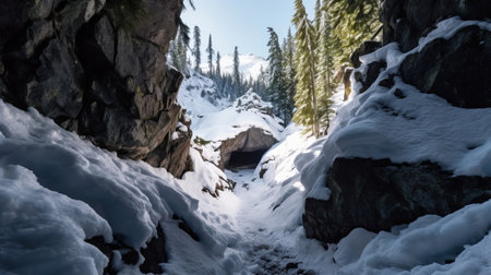 See of softening snow in a cave. Creative resource, AI Generatedの素材