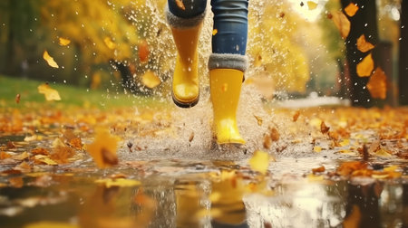 Lady wearing rain adaptable boots strolling running and bouncing into puddle with water sprinkle and drops in store time rain. Creative resource, AI Generatedの素材