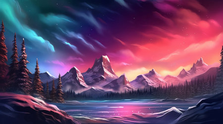 Bothered Mountains with Aurora Borealis. Fuchsia Sky Foundation with copyspace. Creative resource, AI Generatedの素材