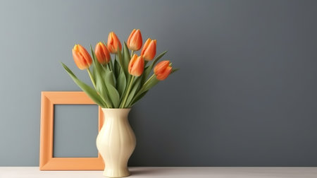 A bouquet of orange tulips in a vase. Chart with agrade spot cheerful Mother's Day. Creative resource, AI Generatedの素材