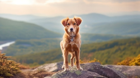 The canine stands in stone on the mountains and looks. Nova Scotia duck retriever in nature, on a travel. Creative resource, AI Generatedの素材