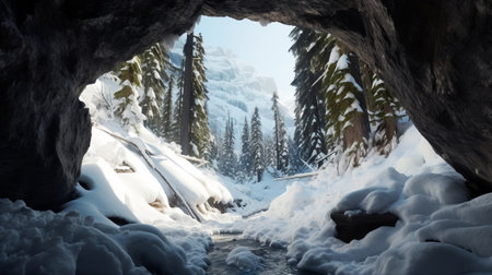 See of softening snow in a cave. Creative resource, AI Generatedの素材