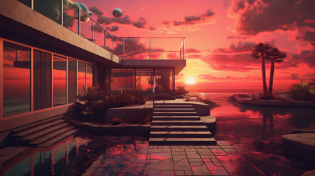 Marvelous sunset over the stream. Illustration, AI Generatedの素材