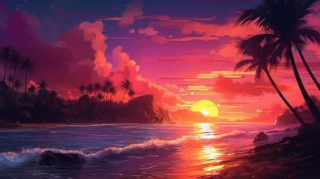 Marvelous sunset over the stream. Illustration, AI Generatedの素材