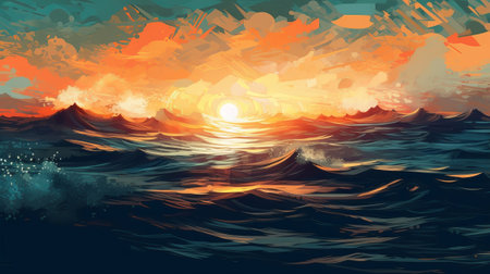 Brilliant Sea with Sun Reflections. Illustration, AI Generatedの素材