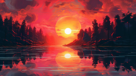 Marvelous dusk over the stream. Illustration, AI Generatedの素材