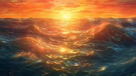 Brilliant Sea with Sun Reflections. Illustration, AI Generatedの素材