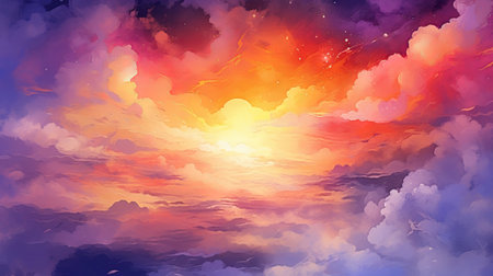 foremost watercolor establishment dusk sky orange purple. Illustration, AI Generatedの素材
