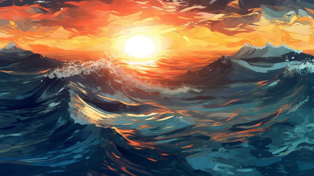 Brilliant Sea with Sun Reflections. Illustration, AI Generatedの素材