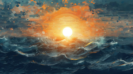 Brilliant Sea with Sun Reflections. Illustration, AI Generatedの素材
