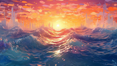 Brilliant Ocean with Sun Reflections. Illustration, AI Generatedの素材