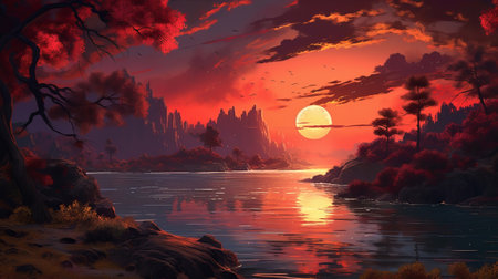 Marvelous sunset over the stream. Illustration, AI Generatedの素材