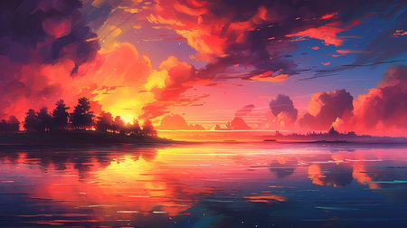 Marvelous dusk over the stream. Illustration, AI Generatedの素材