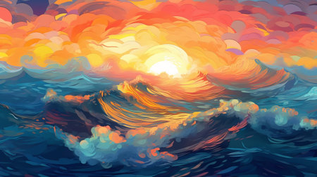 Brilliant Ocean with Sun Reflections. Illustration, AI Generatedの素材