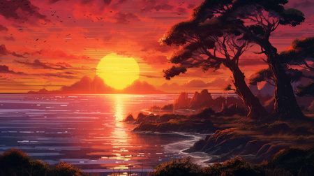 Marvelous sunset over the stream. Illustration, AI Generatedの素材