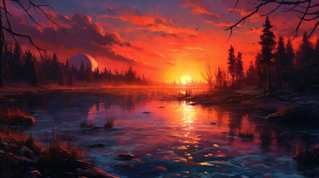 Marvelous sunset over the stream. Illustration, AI Generatedの素材