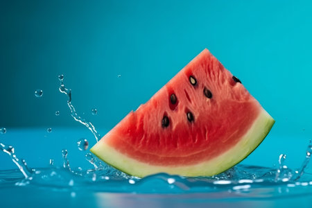 Softening watermelon cut on blue foundation with space for substance. Creative resource, AI Generatedの素材