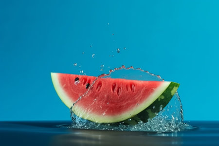 Softening watermelon cut on blue establishment with space for substance. Creative resource, AI Generatedの素材
