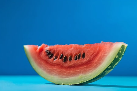 Softening watermelon cut on blue establishment with space for substance. Creative resource, AI Generatedの素材