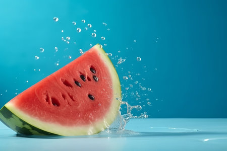 Softening watermelon cut on blue establishment with space for substance. Creative resource, AI Generatedの素材